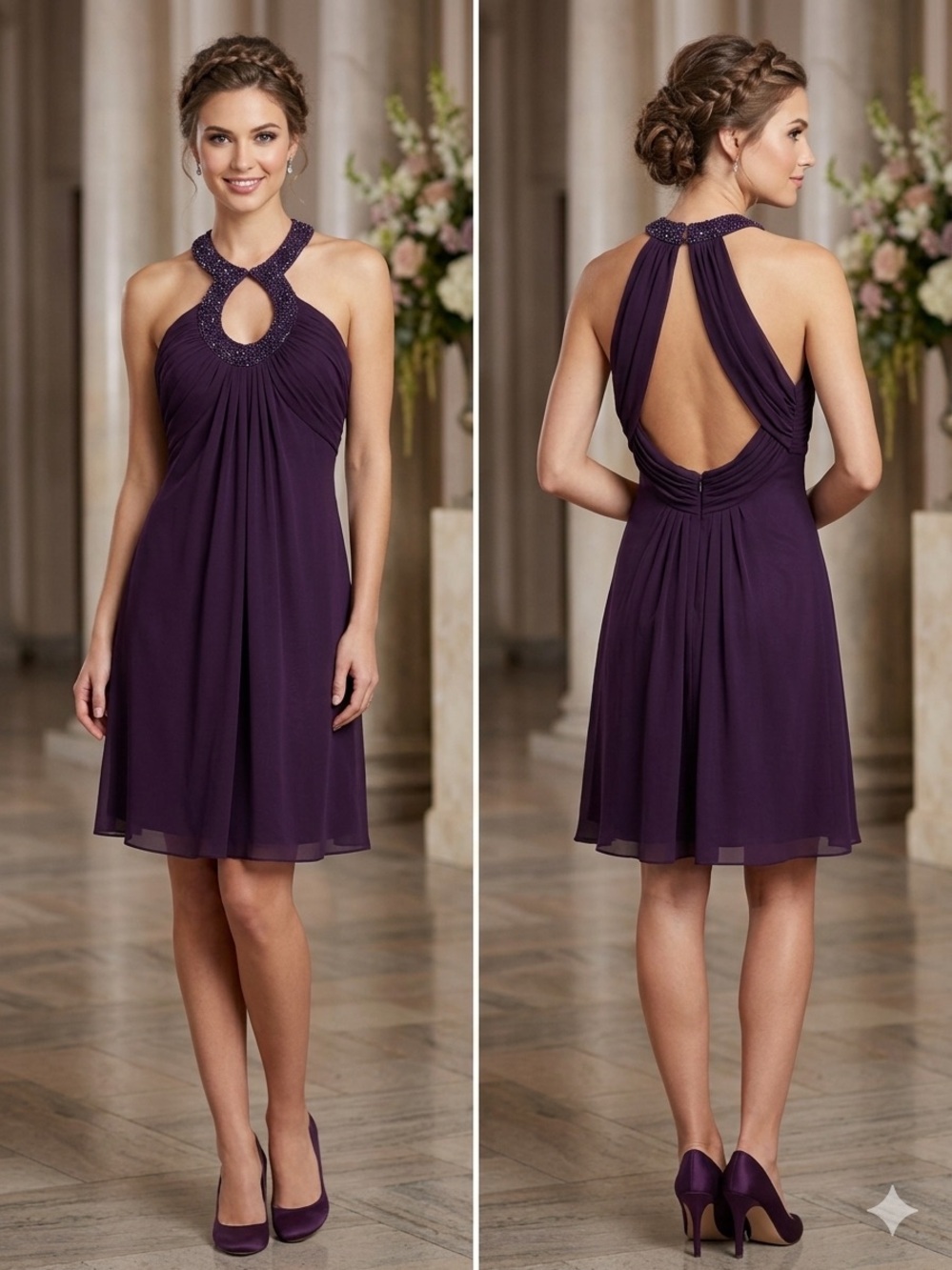 XSCAPE Sleeveless Beaded Halter Cocktail Dress - Deep Plum. Size 4P